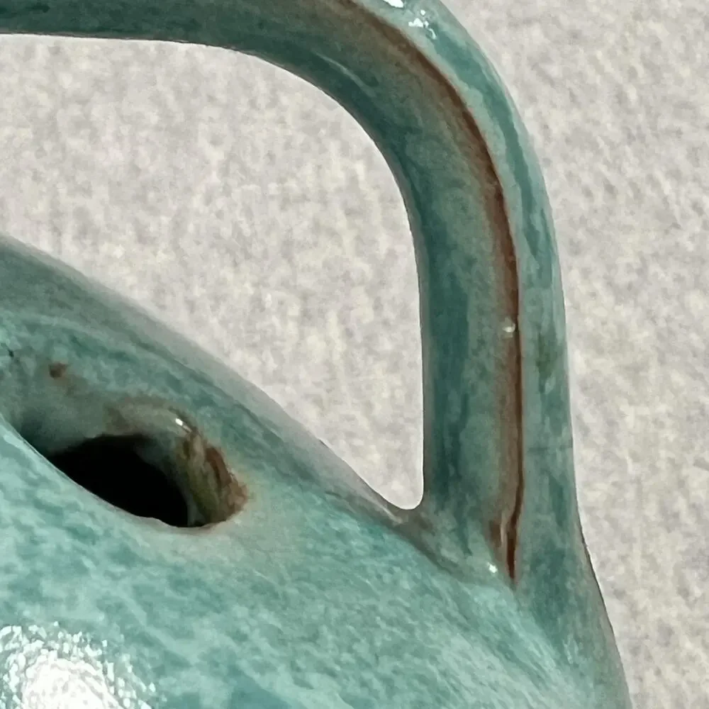 Vintage Turquoise Pottery Pansy Pot Vase Flower Frog Double‎ Handle Jug Handmade